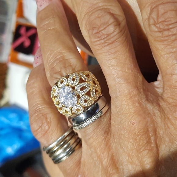 Genuine solid 14k yellow gold over sterling silver cocktail CZ Dome ring 5.25 - Picture 2 of 5